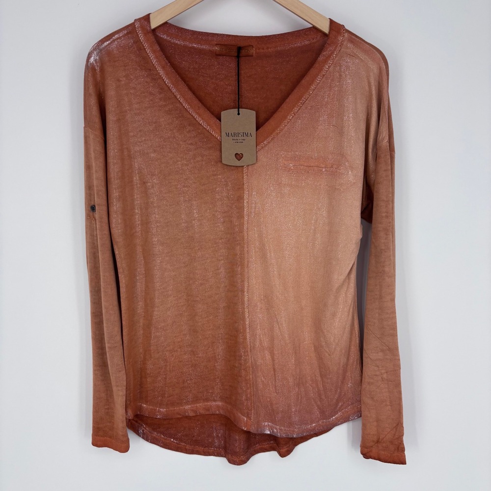 MARISIMA Top Womens OS Orange Metallic Shimmer V-Neck Made in Italy Boho